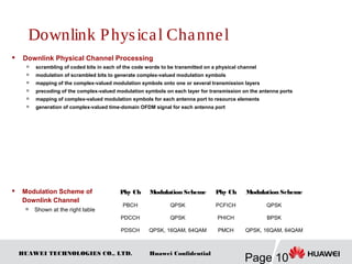 HUAWEI TECHNOLOGIES CO., LTD.
Page 10
Huawei Confidential
Downlink Physical Channel
 Downlink Physical Channel Processing

scrambling of coded bits in each of the code words to be transmitted on a physical channel

modulation of scrambled bits to generate complex-valued modulation symbols

mapping of the complex-valued modulation symbols onto one or several transmission layers

precoding of the complex-valued modulation symbols on each layer for transmission on the antenna ports
 mapping of complex-valued modulation symbols for each antenna port to resource elements

generation of complex-valued time-domain OFDM signal for each antenna port
 Modulation Scheme of
Downlink Channel
 Shown at the right table
Phy Ch Modulation Scheme Phy Ch Modulation Scheme
PBCH QPSK PCFICH QPSK
PDCCH QPSK PHICH BPSK
PDSCH QPSK, 16QAM, 64QAM PMCH QPSK, 16QAM, 64QAM
 