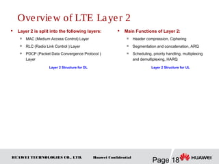 HUAWEI TECHNOLOGIES CO., LTD.
Page 18
Huawei Confidential
 Layer 2 is split into the following layers:

MAC (Medium Access Control) Layer

RLC (Radio Link Control ) Layer

PDCP (Packet Data Convergence Protocol )
Layer
 Main Functions of Layer 2:

Header compression, Ciphering

Segmentation and concatenation, ARQ

Scheduling, priority handling, multiplexing
and demultiplexing, HARQ
Layer 2 Structure for DL Layer 2 Structure for UL
Overview of LTE Layer 2
 