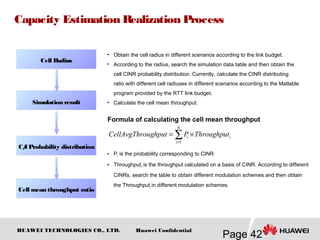 HUAWEI TECHNOLOGIES CO., LTD.
Page 42
Huawei Confidential
Capacity Estimation Realization Process
• Obtain the cell radius in different scenarios according to the link budget.
• According to the radius, search the simulation data table and then obtain the
cell CINR probability distribution. Currently, calculate the CINR distributing
ratio with different cell radiuses in different scenarios according to the Matlable
program provided by the RTT link budget.
• Calculate the cell mean throughput.
∑=
×=
N
i
ii ThroughputPoughputCellAvgThr
1
Formula of calculating the cell mean throughput
• Pi is the probability corresponding to CINR
• Throughputi is the throughput calculated on a basis of CINR. According to different
CINRs, search the table to obtain different modulation schemes and then obtain
the Throughputi in different modulation schemes.
。
Cell Radius
C/I Probability distribution
Simulation result
Cell mean throughput ratio
 