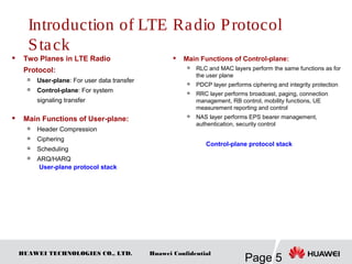 HUAWEI TECHNOLOGIES CO., LTD.
Page 5
Huawei Confidential
Introduction of LTE Radio Protocol
Stack
 Two Planes in LTE Radio
Protocol:

User-plane: For user data transfer

Control-plane: For system
signaling transfer
 Main Functions of User-plane:

Header Compression

Ciphering

Scheduling

ARQ/HARQ
 Main Functions of Control-plane:

RLC and MAC layers perform the same functions as for
the user plane

PDCP layer performs ciphering and integrity protection

RRC layer performs broadcast, paging, connection
management, RB control, mobility functions, UE
measurement reporting and control

NAS layer performs EPS bearer management,
authentication, security control
User-plane protocol stack
Control-plane protocol stack
 