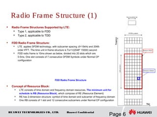 HUAWEI TECHNOLOGIES CO., LTD.
Page 6
Huawei Confidential
 Radio Frame Structures Supported by LTE:

Type 1, applicable to FDD

Type 2, applicable to TDD
 FDD Radio Frame Structure:

LTE applies OFDM technology, with subcarrier spacing ∆f=15kHz and 2048-
order IFFT. The time unit in frame structure is Ts=1/(2048* 15000) second
 FDD radio frame is 10ms shown as below, divided into 20 slots which are
0.5ms. One slot consists of 7 consecutive OFDM Symbols under Normal CP
configuration
FDD Radio Frame Structure
 Concept of Resource Block:

LTE consists of time domain and frequency domain resources. The minimum unit for
schedule is RB (Resource Block), which compose of RE (Resource Element)

RE has 2-dimension structure: symbol of time domain and subcarrier of frequency domain

One RB consists of 1 slot and 12 consecutive subcarriers under Normal CP configuration
Radio Frame Structure (1)
 