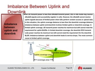 HUAWEI TECHNOLOGIES CO., LTD. Huawei Confidential Page 29
Imbalance Between Uplink and
DownlinkWhen UE transmit power is less than eNodeB transmit power, UEs in idle mode may receive
eNodeB signals and successfully register in cells. However, the eNodeB cannot receive
uplink signals because of limited power when UEs perform random access or upload data.
In this situation, the uplink coverage distance is less than the downlink coverage distance.
Imbalance between uplink and downlink involves limited uplink or downlink coverage. In
limited uplink coverage, UE transmit power reaches its maximum but still cannot meet the
requirement for uplink BLERs. In limited downlink coverage, the downlink DCH transmit
code power reaches its maximum but still cannot meet the requirement for the downlink
BLER. Imbalance between uplink and downlink leads to service drops. The most common
cause is limited uplink coverage.
Imbalance
between
uplink and
downlink
Uplink coverage area
Downlink coverage area
coverage area
 