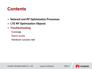 HUAWEI TECHNOLOGIES CO., LTD. Huawei Confidential Page 31
Contents
 Network and RF Optimization Processes
 LTE RF Optimization Objects
 Troubleshooting
Coverage
Signal quality
Handover success rate
 