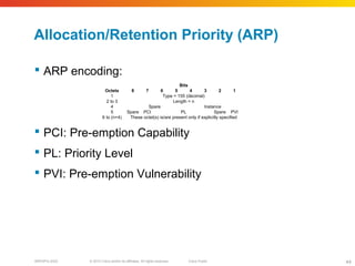 © 2010 Cisco and/or its affiliates. All rights reserved. Cisco PublicBRKSPG-2022 44
Allocation/Retention Priority (ARP)
 ARP encoding:
 PCI: Pre-emption Capability
 PL: Priority Level
 PVI: Pre-emption Vulnerability
Bits
Octets 8 7 6 5 4 3 2 1
1 Type = 155 (decimal)
2 to 3 Length = n
4 Spare Instance
5 Spare PCI PL Spare PVI
6 to (n+4) These octet(s) is/are present only if explicitly specified
 