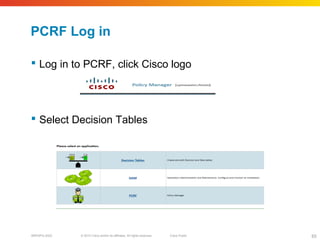 © 2010 Cisco and/or its affiliates. All rights reserved. Cisco PublicBRKSPG-2022 65
PCRF Log in
 Log in to PCRF, click Cisco logo
 Select Decision Tables
 