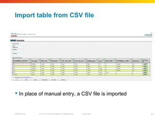 © 2010 Cisco and/or its affiliates. All rights reserved. Cisco PublicBRKSPG-2022 71
Import table from CSV file
 In place of manual entry, a CSV file is imported
 