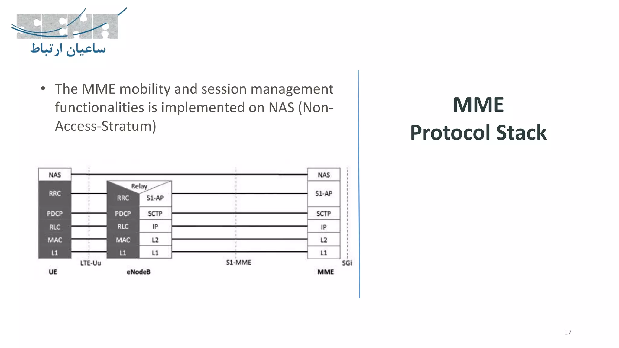 17
MME
Protocol Stack
• The MME mobility and session management
functionalities is implemented on NAS (Non-
Access-Stratum)
 