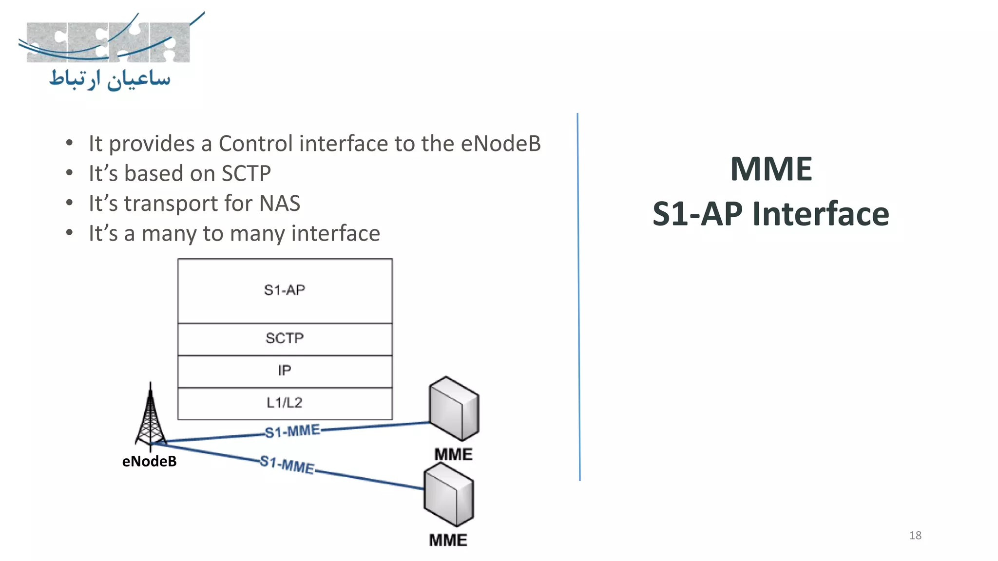 18
MME
S1-AP Interface
• It provides a Control interface to the eNodeB
• It’s based on SCTP
• It’s transport for NAS
• It’s a many to many interface
eNodeB
 