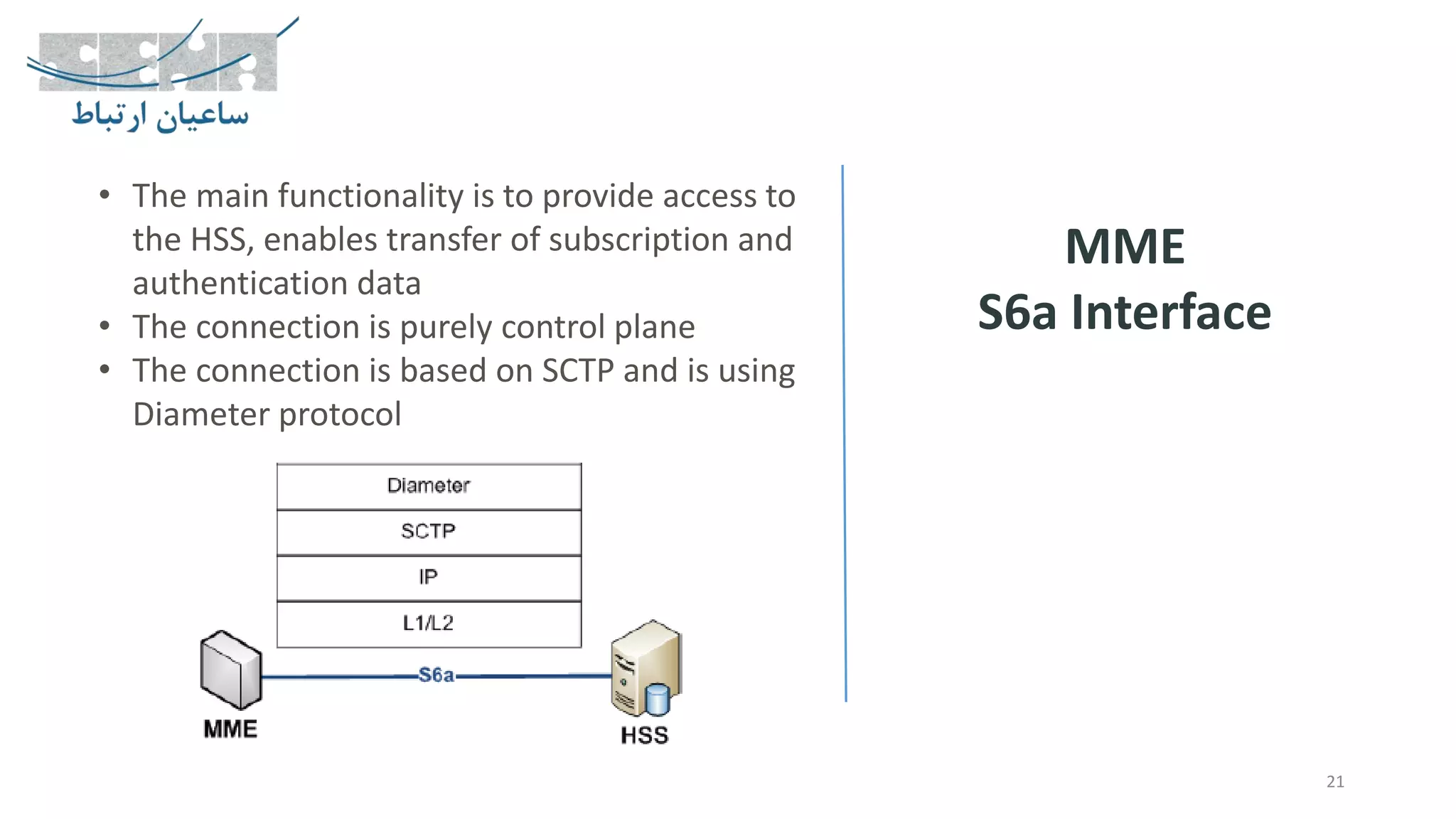 21
MME
S6a Interface
• The main functionality is to provide access to
the HSS, enables transfer of subscription and
authentication data
• The connection is purely control plane
• The connection is based on SCTP and is using
Diameter protocol
 