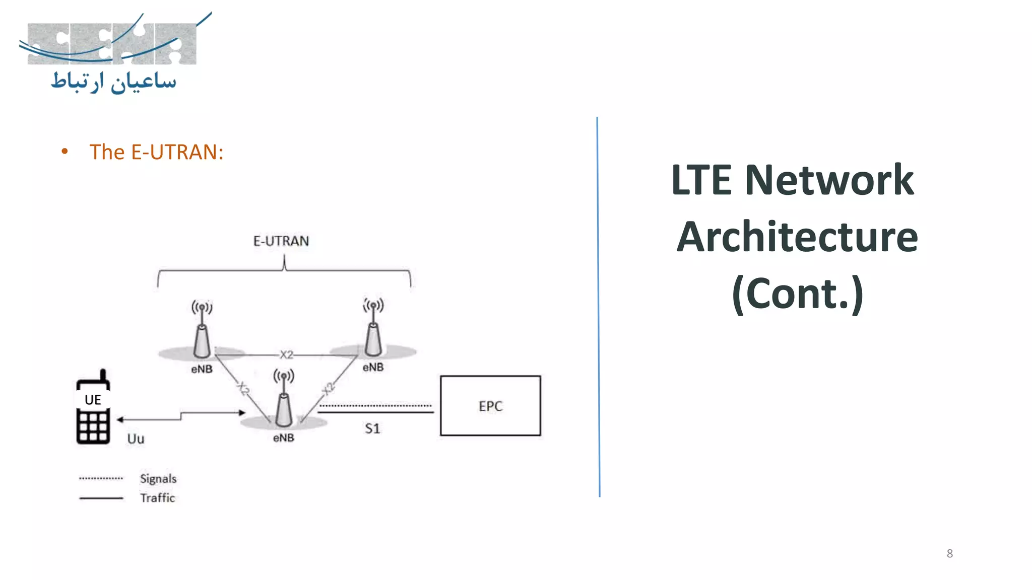LTE Network
Architecture
(Cont.)
8
• The E-UTRAN:
UE
 
