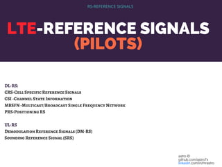 LTE-REFERENCE SIGNALS
(PILOTS)
RS-REFERENCE SIGNALS
DL-RS:
CRS-Cell Specific Reference Signals
CSI -Channel State Information
MBSFN -Multicast/Broadcast Single Frequency Network
PRS-Positioning RS
UL-RS
Demodulation Reference Signals (DM-RS)
Sounding Reference Signal (SRS)
astro ©
github.com/astro7x
linkedin.com/in/mrastro
 