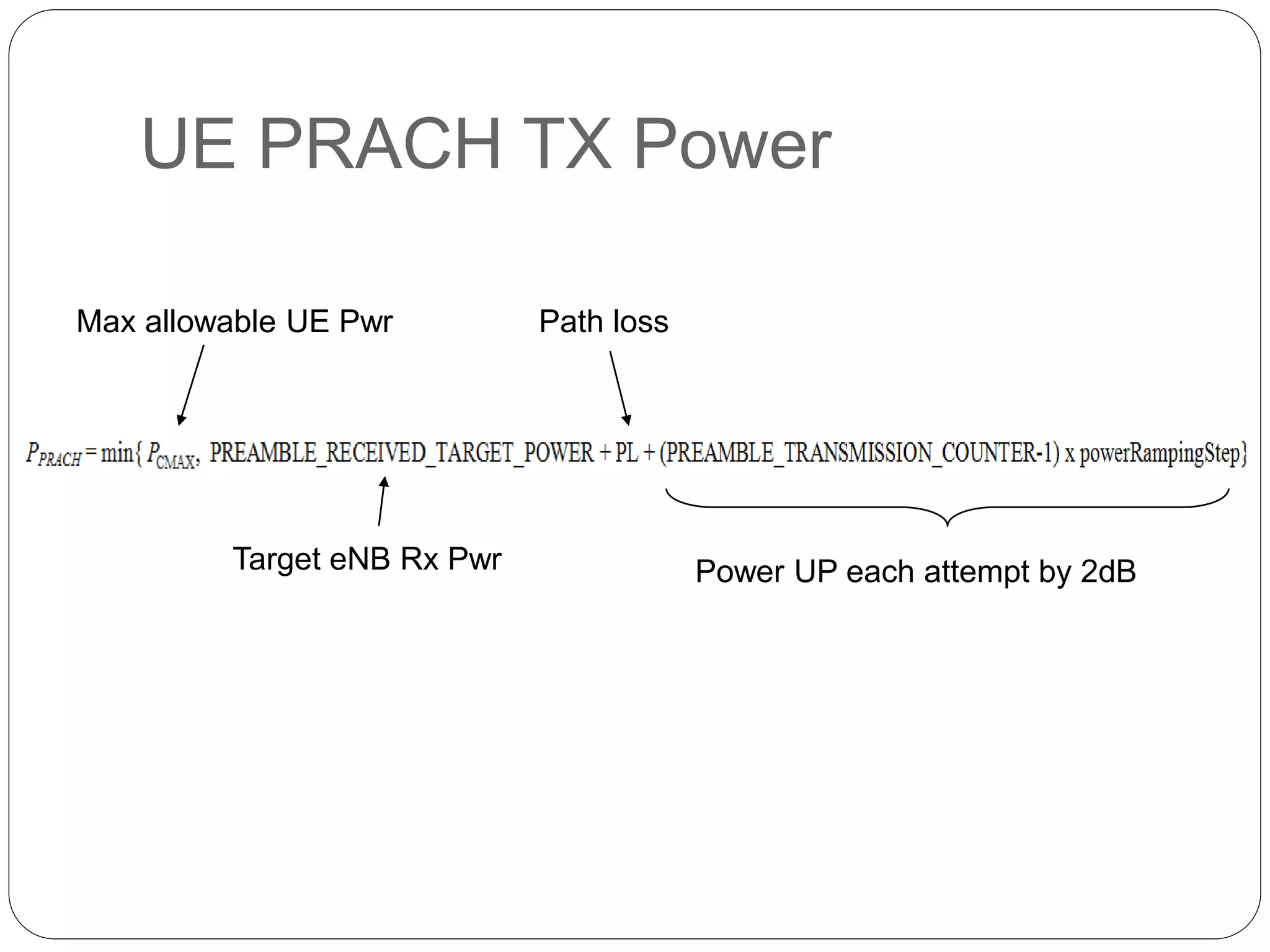 UE PRACH TX Power
Max allowable UE Pwr
Target eNB Rx Pwr
Path loss
Power UP each attempt by 2dB
 