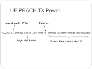 UE PRACH TX Power
Max allowable UE Pwr
Target eNB Rx Pwr
Path loss
Power UP each attempt by 2dB
 