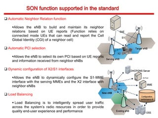  Automatic Neighbor Relation function
Allows the eNB to build and maintain its neighbor
relations based on UE reports (Function relies on
connected mode UEs that can read and report the Cell
Global Identity (CGI) of a neighbor cell)
 Automatic PCI selection
Allows the eNB to select its own PCI based on UE reports
and information received from neighbor eNBs
 Dynamic configuration of X2/S1 interfaces
Allows the eNB to dynamically configure the S1‐MME
interface with the serving MMEs and the X2 interface with
neighbor eNBs
 Load Balancing
 Load Balancing is to intelligently spread user traffic
across the system’s radio resources in order to provide
quality end-user experience and performance
 
