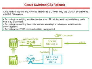A CS Fallback capable UE, which is attached to E-UTRAN, may use GERAN or UTRAN to
establish CS services.
 Technology for notifying a mobile terminal in an LTE cell that a call request is being made
from a 3G-CS system;
 Technology for enabling the mobile terminal receiving the call request to switch radio
access systems;
 Technology for LTE/3G combined mobility management
 