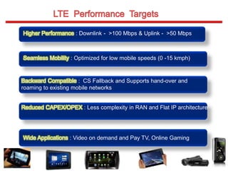 Higher Performance : Downlink - >100 Mbps & Uplink - >50 Mbps
Seamless Mobility : Optimized for low mobile speeds (0 -15 kmph)
Wide Applications : Video on demand and Pay TV, Online Gaming
Backward Compatible : CS Fallback and Supports hand-over and
roaming to existing mobile networks
Reduced CAPEX/OPEX : Less complexity in RAN and Flat IP architecture
 