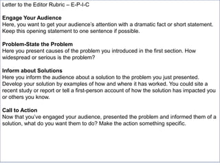 Letter to the Editor Rubric – E-P-I-C

Engage Your Audience
Here, you want to get your audience’s attention with a dramatic fact or short statement.
Keep this opening statement to one sentence if possible.
Problem-State the Problem
Here you present causes of the problem you introduced in the first section. How
widespread or serious is the problem?
Inform about Solutions
Here you inform the audience about a solution to the problem you just presented.
Develop your solution by examples of how and where it has worked. You could site a
recent study or report or tell a first-person account of how the solution has impacted you
or others you know.
Call to Action
Now that you’ve engaged your audience, presented the problem and informed them of a
solution, what do you want them to do? Make the action something specific.

 