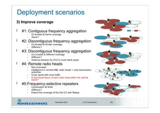 Deployment scenarios
3) Improve coverage
l #1: Contiguous frequency aggregation
- Co-located & Same coverage
- Same f
l #2: Discontiguous frequency aggregation
- Co-located & Similar coverage
- Different f
l #3: Discontiguous frequency aggregation
- Co-Located & Different coverage
- Different f
- Antenna direction for CC2 to cover blank spots
l #4: Remote radio heads
- Not co-located
- Intelligence in central eNB, radio heads = only transmission
antennas
- Cover spots with more traffic
- Is the transmission of each radio head within the cell the
same?
l #5:Frequency-selective repeaters
- Combination #2 & #4
- Different f
- Extend the coverage of the 2nd CC with Relays
November 2012 | LTE Introduction | 190
 