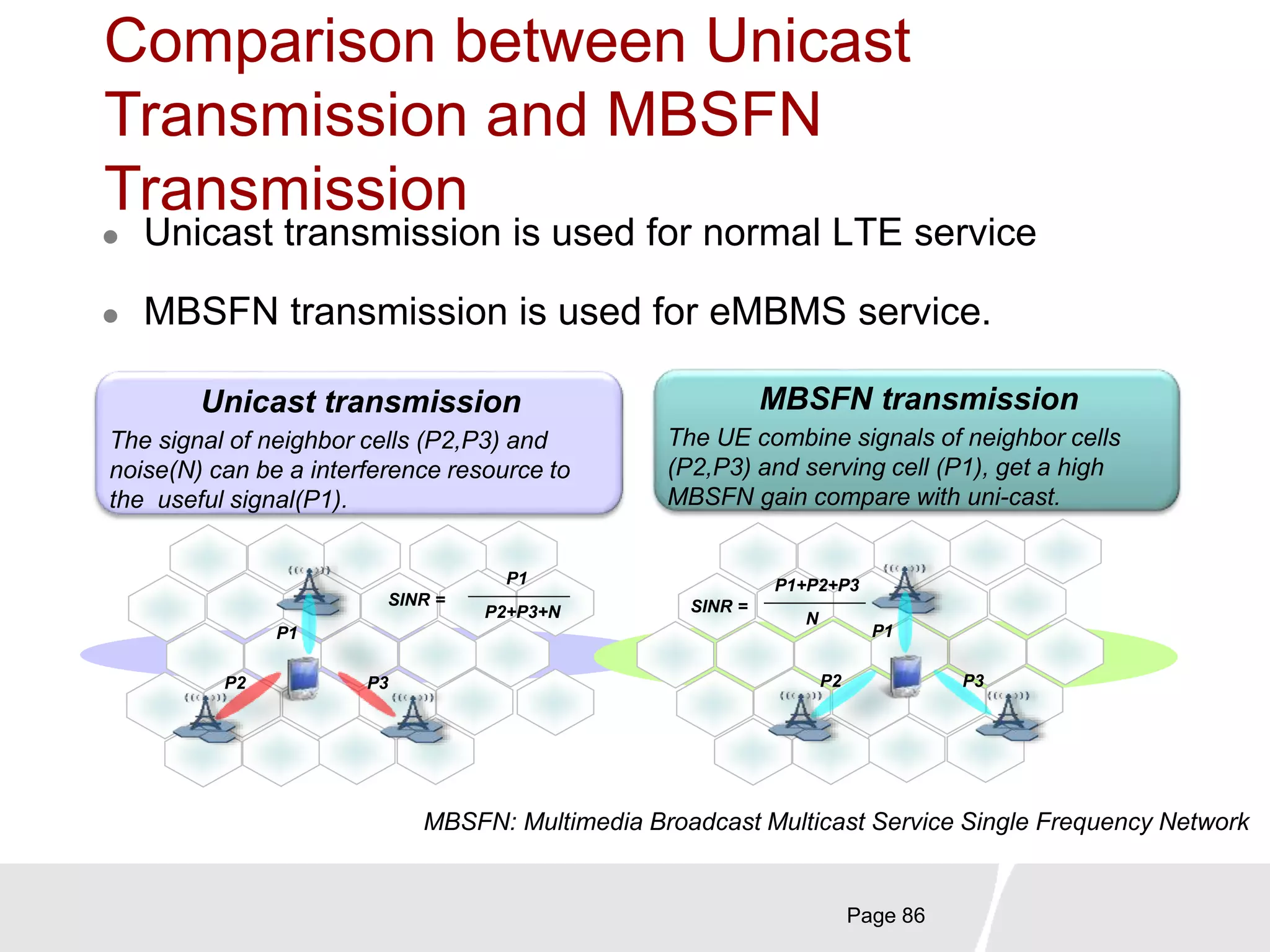 Page 86
Comparison between Unicast
Transmission and MBSFN
Transmission
MBSFN: Multimedia Broadcast Multicast Service Single Frequency Network
SINR =
P1
P1+P2+P3
N
P2 P3
SINR =
P1
P1
P2+P3+N
P2 P3
Unicast transmission
The signal of neighbor cells (P2,P3) and
noise(N) can be a interference resource to
the useful signal(P1).
MBSFN transmission
The UE combine signals of neighbor cells
(P2,P3) and serving cell (P1), get a high
MBSFN gain compare with uni-cast.
 Unicast transmission is used for normal LTE service
 MBSFN transmission is used for eMBMS service.
 