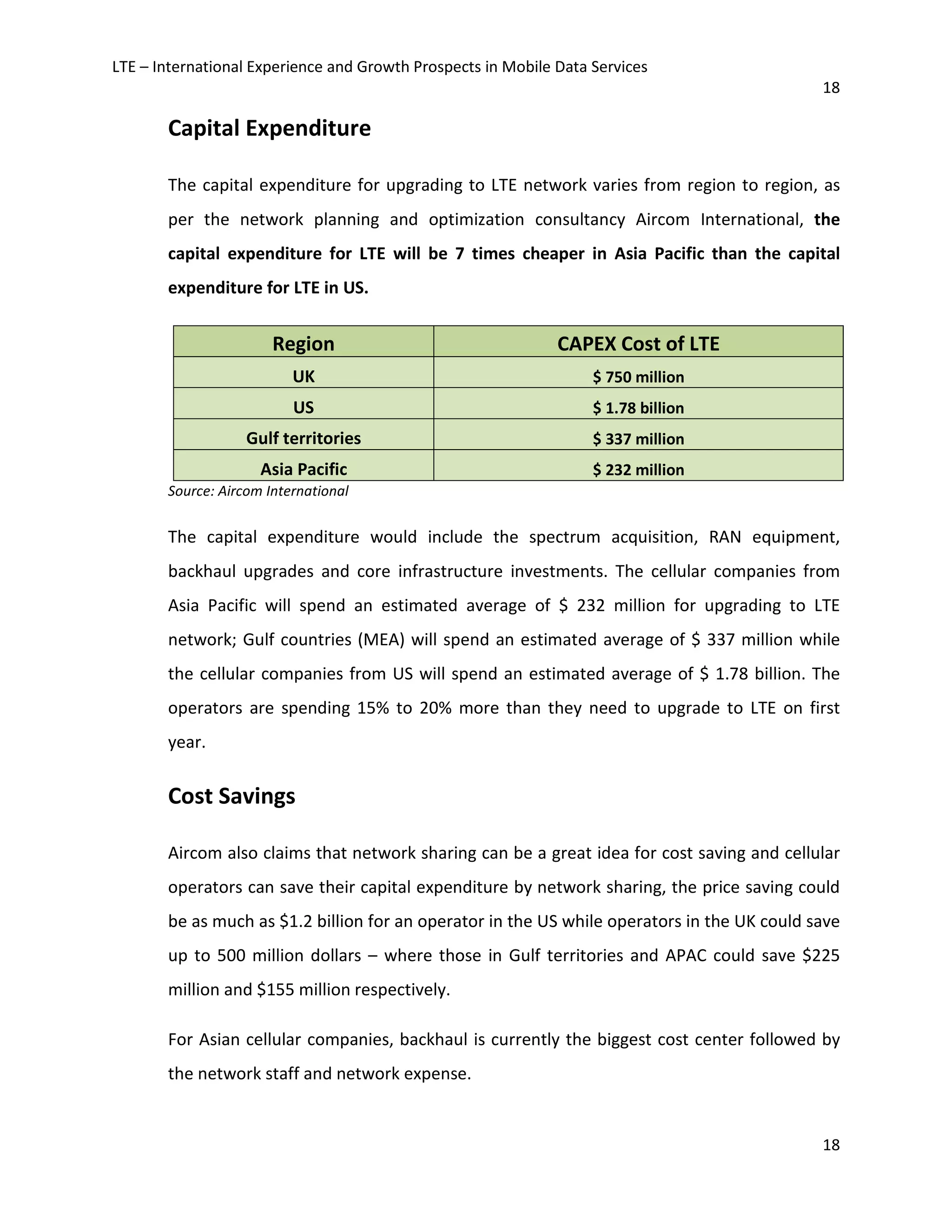 LTE – International Experience and Growth Prospects in Mobile Data Services
18
18
Capital Expenditure
The capital expenditure for upgrading to LTE network varies from region to region, as
per the network planning and optimization consultancy Aircom International, the
capital expenditure for LTE will be 7 times cheaper in Asia Pacific than the capital
expenditure for LTE in US.
Region CAPEX Cost of LTE
UK $ 750 million
US $ 1.78 billion
Gulf territories $ 337 million
Asia Pacific $ 232 million
Source: Aircom International
The capital expenditure would include the spectrum acquisition, RAN equipment,
backhaul upgrades and core infrastructure investments. The cellular companies from
Asia Pacific will spend an estimated average of $ 232 million for upgrading to LTE
network; Gulf countries (MEA) will spend an estimated average of $ 337 million while
the cellular companies from US will spend an estimated average of $ 1.78 billion. The
operators are spending 15% to 20% more than they need to upgrade to LTE on first
year.
Cost Savings
Aircom also claims that network sharing can be a great idea for cost saving and cellular
operators can save their capital expenditure by network sharing, the price saving could
be as much as $1.2 billion for an operator in the US while operators in the UK could save
up to 500 million dollars – where those in Gulf territories and APAC could save $225
million and $155 million respectively.
For Asian cellular companies, backhaul is currently the biggest cost center followed by
the network staff and network expense.
 