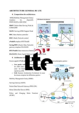 4
ARCHITECTURE GENERAL DU LTE
Comparaison des architectures
MME(Mobility Management Entity)
remplace les dispositifs
PDSN/SGSN et BSC/RNC
PDSN: Packet Data Serving Node de
CDMA2000
SGSN: Serving GPRS Support Node
BSC: Base Station controller
RNC: Radio Network control
eNodeB remplace BTS/NodeB
Seving/PDN (Packet Data Network)
gateway remplace HA/GGSN
BTS/NodeB: Base transceiver Station
HA/GGSN: Home Agent/ Gateway GPRS Support Node
Architecture d’un système LTE
Encore appelé EPS(Evolved Packet System) Elle se compose de deux principales parties:
o Une partie radio du réseau (LTE) Contient
les eNB reliés entre elles et reliés au réseau
cœur les fonctions supportées par RNC sont
reporté au eNB.
o SAE (System Architecture Evolution): le cœur
du réseau composé de différentes parties :
Mobility Management Entity (MME)
Serving Gateway (SGW)
Packet Data Network Gateway (PDN GW)
Home Subscriber Server (HSS)
Policy and Charging Rules Function
(PCRF).
 