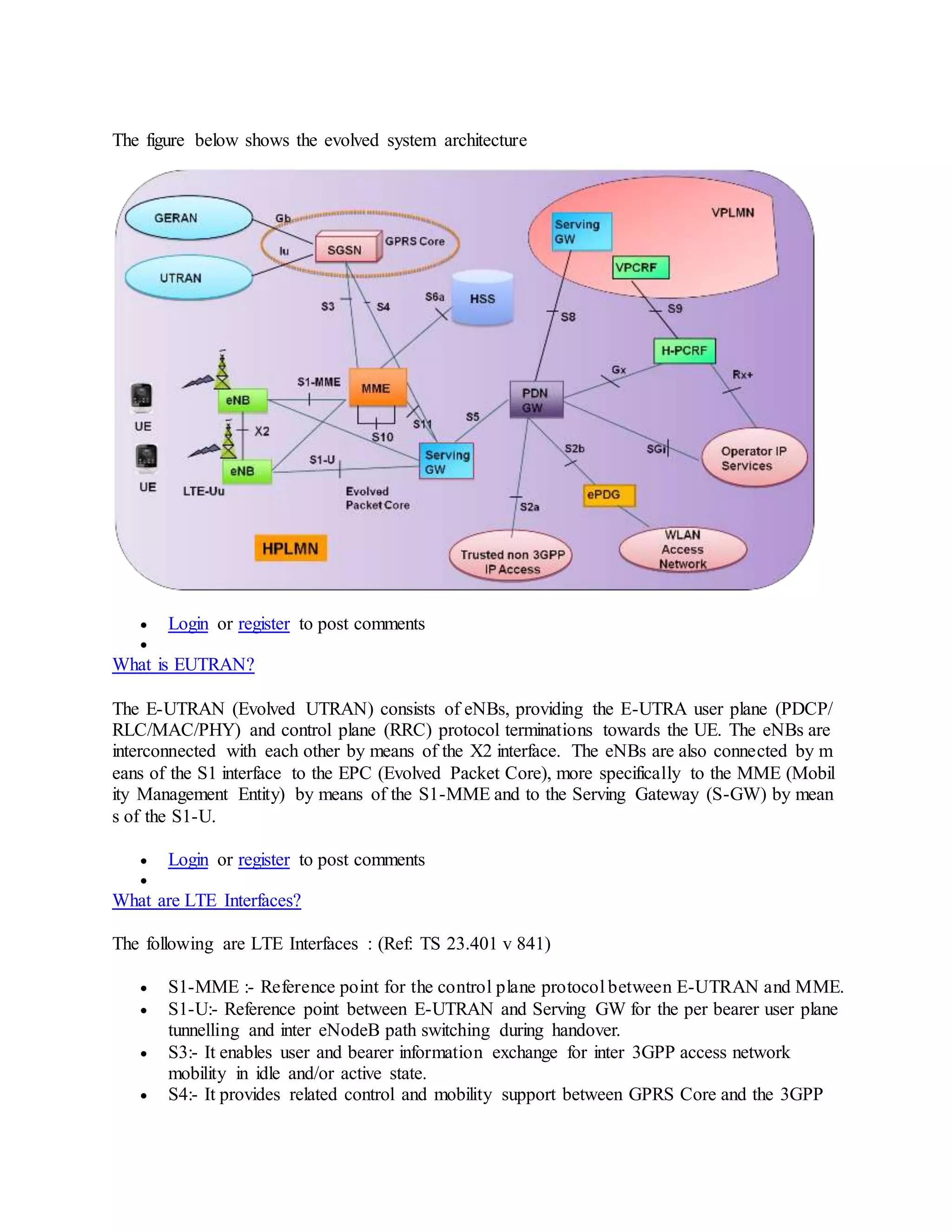 The figure below shows the evolved system architecture
 Login or register to post comments

What is EUTRAN?
The E-UTRAN (Evolved UTRAN) consists of eNBs, providing the E-UTRA user plane (PDCP/
RLC/MAC/PHY) and control plane (RRC) protocol terminations towards the UE. The eNBs are
interconnected with each other by means of the X2 interface. The eNBs are also connected by m
eans of the S1 interface to the EPC (Evolved Packet Core), more specifically to the MME (Mobil
ity Management Entity) by means of the S1-MME and to the Serving Gateway (S-GW) by mean
s of the S1-U.
 Login or register to post comments

What are LTE Interfaces?
The following are LTE Interfaces : (Ref: TS 23.401 v 841)
 S1-MME :- Reference point for the control plane protocol between E-UTRAN and MME.
 S1-U:- Reference point between E-UTRAN and Serving GW for the per bearer user plane
tunnelling and inter eNodeB path switching during handover.
 S3:- It enables user and bearer information exchange for inter 3GPP access network
mobility in idle and/or active state.
 S4:- It provides related control and mobility support between GPRS Core and the 3GPP
 