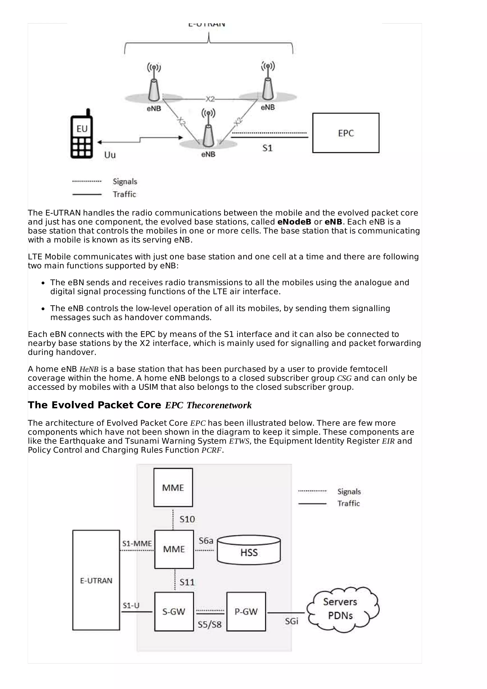 The E-UTRAN handles the radio communications between the mobile and the evolved packet core
and just has one component, the evolved base stations, called eNodeB or eNB. Each eNB is a
base station that controls the mobiles in one or more cells. The base station that is communicating
with a mobile is known as its serving eNB.
LTE Mobile communicates with just one base station and one cell at a time and there are following
two main functions supported by eNB:
The eBN sends and receives radio transmissions to all the mobiles using the analogue and
digital signal processing functions of the LTE air interface.
The eNB controls the low-level operation of all its mobiles, by sending them signalling
messages such as handover commands.
Each eBN connects with the EPC by means of the S1 interface and it can also be connected to
nearby base stations by the X2 interface, which is mainly used for signalling and packet forwarding
during handover.
A home eNB HeNB is a base station that has been purchased by a user to provide femtocell
coverage within the home. A home eNB belongs to a closed subscriber group CSG and can only be
accessed by mobiles with a USIM that also belongs to the closed subscriber group.
The Evolved Packet Core EPC Thecorenetwork
The architecture of Evolved Packet Core EPC has been illustrated below. There are few more
components which have not been shown in the diagram to keep it simple. These components are
like the Earthquake and Tsunami Warning System ETWS, the Equipment Identity Register EIR and
Policy Control and Charging Rules Function PCRF.
 
