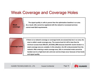 HUAWEI TECHNOLOGIES CO., LTD. Huawei Confidential Page 19
Weak Coverage and Coverage Holes
The signal quality in cells is poorer than the optimization baseline in an area.
As a result, UEs cannot be registered with the network or accessed services
cannot meet QoS requirements.
If there is no network coverage or coverage levels are excessively low in an area, the
area is called a weak coverage area. The receive level of a UE is less than its
minimum access level (RXLEV_ACCESS_MIN) because downlink receive levels in a
weak coverage area are unstable. In this situation, the UE is disconnected from the
network. After entering a weak coverage area, UEs in connected mode cannot be
handed over to a high-level cell, and even service drops occur because of low levels
and signal quality.
Weak
coverage
Coverage holes
 