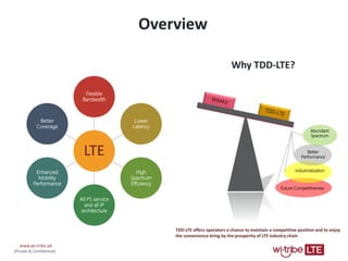 2
www.wi-tribe.pk
(Private & Confidential)
LTE
Flexible
Bandwidth
Lower
Latency
High
Spectrum
Efficiency
All PS service
and all IP
architecture
Enhanced
Mobility
Performance
Better
Coverage
Future Competitiveness
Abundant
Spectrum
Better
Performance
Industrialization
Why TDD-LTE?
Overview
TDD-LTE offers operators a chance to maintain a competitive position and to enjoy
the convenience bring by the prosperity of LTE industry chain
 