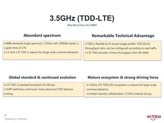 3
Proprietary & Confidential
TDD is flexible to fit actual usage profile: TDD DL/UL
throughput ratio can be configured according to real traffic
LTE TDD provide 3 times throughput than Wi-MAX
Remarkable Technical Advantage
WBB demands huge spectrum, 3.5GHz with 200Mhz band, is
a gold mine of LTE
3.5 GHz LTE TDD is mature for large scale commercialization
Abundant spectrum
LTE TDD is standard evolution for Wimax
3GPP definition and much more advanced TDD features
coming
Global standard & continued evolution
3.5GHz LTE TDD E2E ecosystem is mature for large-scale
commercialization
United industry collaboration: 3.5Ghz Interest Group
Mature ecosystem & strong driving force
3.5GHz (TDD-LTE)
Why Best Choice for WBB?
 