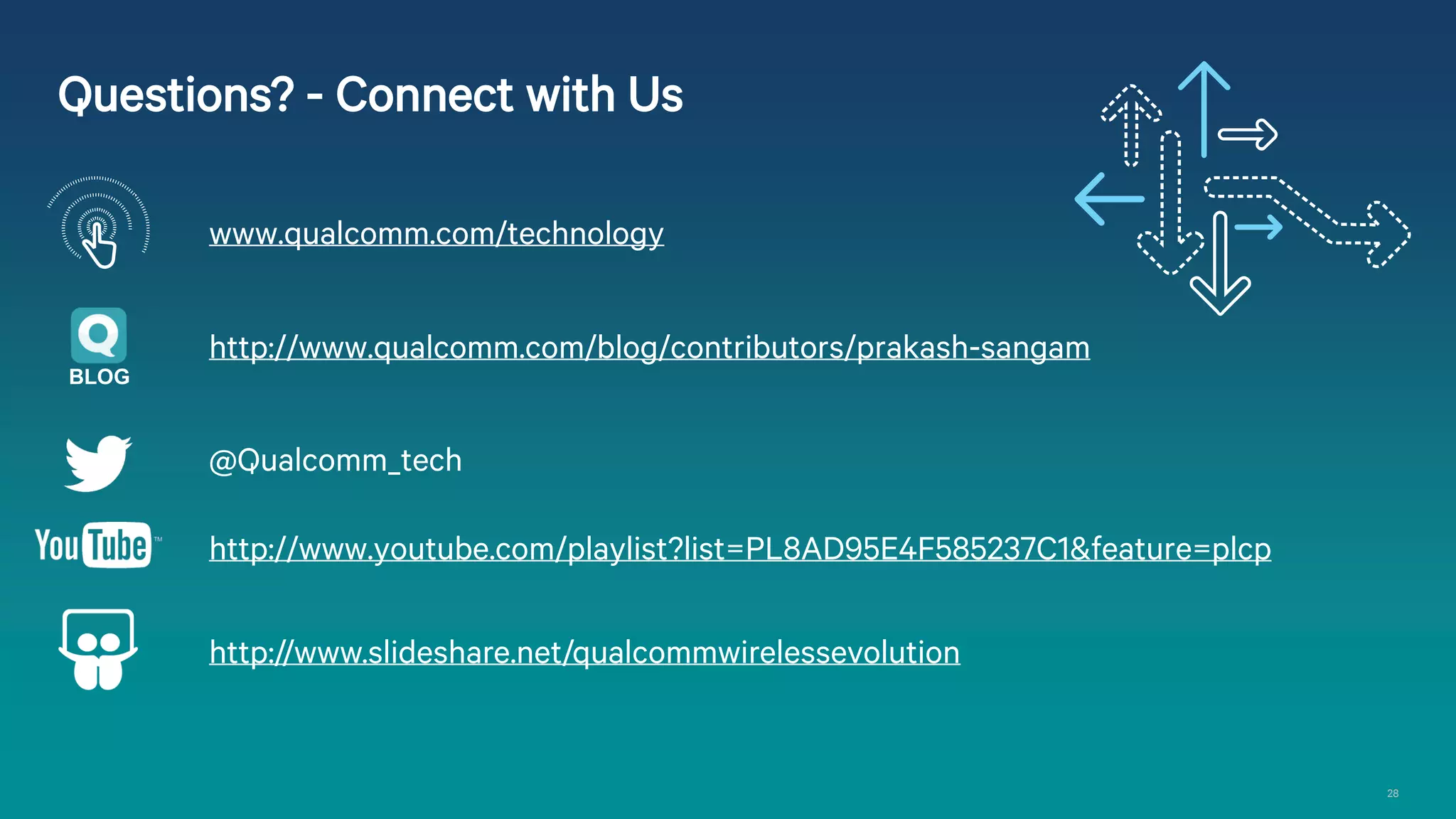 28
@Qualcomm_tech
http://www.qualcomm.com/blog/contributors/prakash-sangam
http://www.slideshare.net/qualcommwirelessevolution
http://www.youtube.com/playlist?list=PL8AD95E4F585237C1&feature=plcp
www.qualcomm.com/technology
Questions? - Connect with Us
BLOG
 