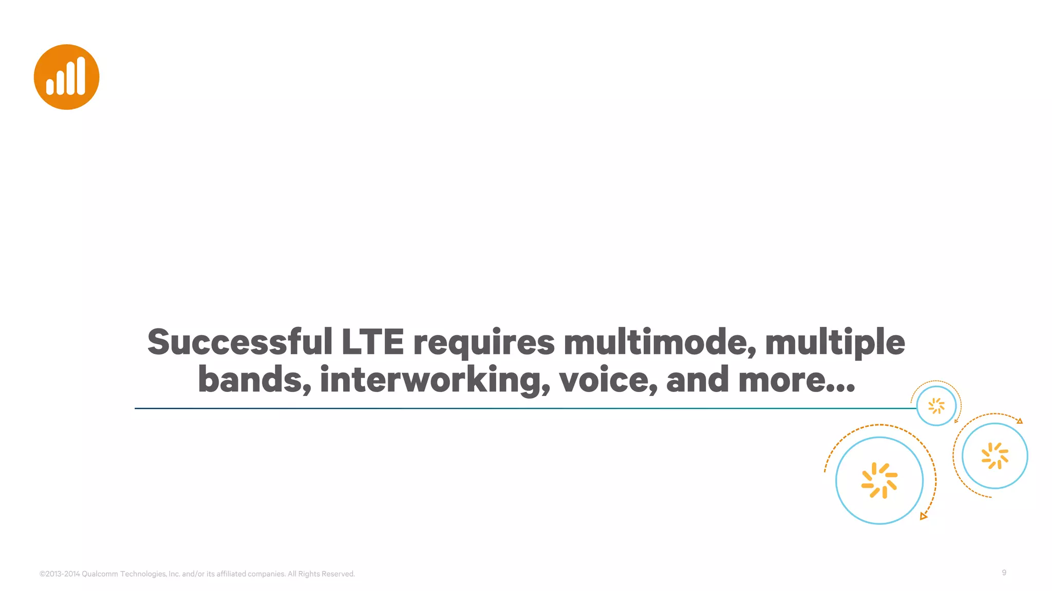 ©2013-2014 Qualcomm Technologies, Inc. and/or its affiliated companies. All Rights Reserved. 9
Successful LTE requires multimode, multiple
bands, interworking, voice, and more…
 