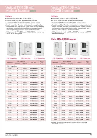 99
Vertical TPN DB with
Modular Incomer [8537]
Vertical TPN DB with
MCCB Incomer [8537]
Up to 125A MCCB Incomer
M.R.P.
(`)
Per Unit
Description
No. of Modules
Incomer Outgoing
6 way
8 way
12 way
16 way
4 way
6 way
8 way
12 way
16 way
4 way
6 way
8 way
12 way
16 way
4 way
6 way
8 way
12 way
16 way
4 way 4+4+4
6+6+6
8+8+8
12+12+12
16+16+16
4+4+4
6+6+6
8+8+8
12+12+12
16+16+16
4+4+4
6+6+6
8+8+8
12+12+12
16+16+16
4+4+4
6+6+6
8+8+8
12+12+12
16+16+16
7555
8270
9225
13320
15405
8040
9830
10775
14905
17590
10810
11890
13745
18335
19465
16630
18505
19420
26655
28225
DBVTM004SD
DBVTM006SD
DBVTM008SD
DBVTM012SD
DBVTM016SD
DBVTM004DD
DBVTM006DD
DBVTM008DD
DBVTM012DD
DBVTM016DD
DBVTM004GD
DBVTM006GD
DBVTM008GD
DBVTM012GD
DBVTM016GD
DBVTM00454
DBVTM00654
DBVTM00854
DBVTM01254
DBVTM01654
IP 30 - Single Door
IP 43 - Metal Door
IP 43 - Glazed Door
IP 54 - Metal Door
8
8
8
8
8
8
8
8
8
8
8
8
8
8
8
8
8
8
8
8
M.R.P.
(`)
Per Unit
Description
No. of Modules
Incomer* Outgoing
6 way
8 way
12 way
16 way
4 way
6 way
8 way
12 way
16 way
4 way
6 way
8 way
12 way
16 way
4 way
6 way
8 way
12 way
16 way
4 way 4+4+4
6+6+6
8+8+8
12+12+12
16+16+16
4+4+4
6+6+6
8+8+8
12+12+12
16+16+16
4+4+4
6+6+6
8+8+8
12+12+12
16+16+16
4+4+4
6+6+6
8+8+8
12+12+12
16+16+16
DBVTL004SD
DBVTL006SD
DBVTL008SD
DBVTL012SD
DBVTL016SD
DBVTL004DD
DBVTL006DD
DBVTL008DD
DBVTL012DD
DBVTL016DD
DBVTL004GD
DBVTL006GD
DBVTL008GD
DBVTL012GD
DBVTL016GD
DBVTL00454
DBVTL00654
DBVTL00854
DBVTL01254
DBVTL01654
IP 30 - Single Door
IP 43 - Metal Door
IP 43 - Glazed Door
IP 54 - Metal Door
MCCB
MCCB
MCCB
MCCB
MCCB
MCCB
MCCB
MCCB
MCCB
MCCB
MCCB
MCCB
MCCB
MCCB
MCCB
MCCB
MCCB
MCCB
MCCB
MCCB
Highlights
l
l
l
l
l
Conforms to IS 8623-1 & 3, IEC 61439-1 & 3
IK 08-for single door DBs, IK 09-for double door DBs
Available in CRCA sheet steel, RAL 9003, powder coated
Ready to use DBs - Provided with insulated vertical phase bus-
bars | neutral bar/s with shroud/s | earth bar/s | sticking saddles |
cement spill protector | color-coded interconnecting wire set |
cable ties | blanking plates and circuit identification labels
With provision for FP MCB/Isolator/RCCB/RCBO as incomer and
SP/TP MCBs as outgoings
Highlights
l
l
l
l
l
Conforms to IS 8623-1 & 3, IEC 61439-1 & 3
IK 08-for single door DBs, IK 09-for double door DBs
Available in CRCA sheet steel, RAL 9003, powder coated
Ready to use DBs - Provided with insulated vertical phase bus-bars |
neutral bar/s with shroud/s | earth bar/s | sticking saddles | cement
spill protector | color-coded interconnecting wire set | cable ties |
blanking plates and circuit identification labels
With provision for 3 pole and 4 Pole MCCB* as incomer and SP/TP
MCBs as outgoings
Suitable for 3 Pole & 4 Pole DU100H, DU100D, DU125D, DU125H &*
DN0 MCCB as incomer
IP 30 - Single Door IP 43 - Metal Door IP 43 - Glazed Door IP 30 - Single Door IP 43 - Metal Door IP 43 - Glazed Door
8755
9515
10360
15360
18170
9610
11030
12080
16075
18920
11030
12495
14100
18795
20805
18955
20325
22785
28755
34410
Cat. Nos.Cat. Nos.
L&T, ESP 01.01.2019
 