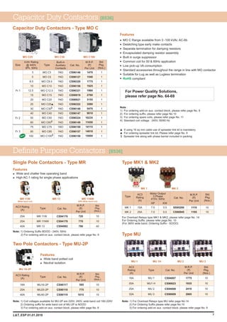 Definite Purpose Contactors [8536]
Features
Wide and chatter free operating band
High AC-1 rating for single phase applications
l
l
Single Pole Contactors - Type MR
720
770
790
M.R.P.
(`)
Per Unit
Type
AC3 Rating
(A) Cat. No.
Std.
Pkg.
(Nos.)
MR 11W
MR 11NW
MR 13
25A
25A
40A
CS94176
CS94178
CS94992
10
10
40
1) Ordering Suffix BOOO - 240V, 50HzNote:
MR 11W
(Wide band coil)
MR 11NW
SPN (Wide band coil)
MR 13
Type MK1 & MK2
For Overload Relays type MK1 & MK2, please refer page No. 14
For Ordering Suffix, please refer page No. 10
(For 360V wide band, Ordering Suffix - SOOO)
M.R.P.
(`)
Per Unit
Type
MK 1
MK 2
AC3
Rating
(A)
Motor Output
3 Phase
415V, 50Hz Cat. No.
Std.
Pkg.
(Nos.)
HP
7.5
7.5
KW
5.5
5.5
15A
25A
SS95200
CS90945
10
10
1110
1195
MK 1
Type MU
1) For Overload Relays type MU refer page No.14
2)
Note:
3) For ordering block, please refer page No. 9
For Ordering Suffix please refer page No.10
add-on aux. contact
Type
AC3
Rating
(A)
Cat. No.
Std.
Pkg.
(Nos.)
MU 1
MU1 H
MU 2
MU 3
16A
20A
25A
32A
CS94007
CS90623
CS94008
CS90609
1775
1935
2410
2905
10
10
10
10
M.R.P.
(`)
Per Unit
MU 1 MU 1H MU 2 MU 3
Capacitor Duty Contactors [8536]
Capacitor Duty Contactors - Type MO C
MO C25 MO C50 MO C100
7
Note: 1) Coil voltages available for MU-2P are 220V, 240V, wide band coil 160-220V
2) Ordering suffix for wide band coil of MU-2P is NOOO
3) For ordering block, please refer page No. 8add-on aux. contact
Features
Wide band potted coil
Neutral isolation
l
l
Two Pole Contactors - Type MU-2P
595
775
1015
M.R.P.
(`)
Per Unit
Type
AC3 Rating
(A) Cat. No.
Std.
Pkg.
(Nos.)
MU16-2P
MU25-2P
MU40-2P
10
10
10
16A
25A
40A
CS90117
CS90118
CS90119
MU 16-2P
For Power Quality Solutions,
please refer page No. 64-69
Features
Note :
1) For ordering block, please refer page No. 8
2) For ordering suffix, please refer page No.10
add-on aux. contact
3) For ordering spare coils, please refer page No. 11
4) Standard coil voltage : 240V, 50/60 Hz
If using 16 sq mm cable use of spreader link kit is mandatory
For ordering spreader link kit, Please refer page No. 9
$ Spreader link along with phase barrier included in packing
MO C Range available from 3 -100 kVAr, AC-6b
Delatching type early make contacts
Separate termination for damping resistors
Encapsulated damping resistor assembly
Built in surge suppressor
Common coil for 50 & 60Hz application
Low pick-up VA consumption
Standard accessories throughout the range in line with MO contactor
Suitable for Lug as well as Lugless termination
compliantRoHS
l
l
MK 2
M.R.P.
(`)
Per Unit
Type
kVAr Rating
@ 440V,
3Ph, 50Hz
Cat. No.
Std.
Pkg.
(Nos.)
Built-in
Auxiliary
Contacts
1470
1540
1775
1925
1980
2760
3155
3580
5470
9010
10235
11650
14115
14810
15000
Fr 1
Fr 2
Size
Fr 3
3
5
8.5
10
12.5
15
20
25
30
40
50
60
75
85
100
MO C3
MO C5
MO C8.5
MO C10
MO C12.5
MO C15
MO C20
MO C25
$MO C30
MO C40
MO C50
$MO C60
MO C75
MO C85
$MO C100
1NO
1NO
1NO
1NO
1NO
1NO
1NO
1NO
1NO
1NO
1NO
1NO
1NO
1NO
1NO
1
1
1
1
1
1
1
1
1
1
1
1
1
1
1
CS96146
CS96156
CS96150
CS96157
CS96158
CS96127
CS96320
CS96321
CS90019
CS90021
CS96322
CS96148
CS96147
CS96324
CS96149
2) For ordering block, please refer page No. 9add-on aux. contact
New
L&T, ESP 01.01.2019
 