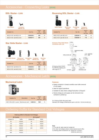 HOLD-ON
O/L RELAY REVERSING LINK
DELTA
STAR
SHORTING
LINKPARALLELING LINK
MPCB
CONTACTOR - MPCB
LINK
10
Ordering Suffix for Standard Coil Voltages
AC Control DC Control*
Voltage (V)
24
110
220
240
415
440
Suffix
GOOO
AOOO
KOOO
BOOO
DOOO
POOO
Voltage (V)
24
48
110
220
Suffix
4OOO
5OOO
1OOO
2OOO
Ordering Suffix for Standard Coil Voltages
Note:
1) * For MX DC, MDX, MX0 DC & MN0 DC
2) For other coil voltages please contact nearest branch office
3) Ordering suffix for electronic coil : BOOO for 110-240 V
DOOO for 240-415 V
M.R.P.
(`)
Per Unit
Cat. No.
Std.
Pkg.
(Nos.)
Star Delta Starter - Link
Reversing /
star delta Link
Contactor
MPCB Link
Paralleling
Link
Shorting
Link
M.R.P.
(`)
Per Unit
Cat. No.
Std.
Pkg.
(Nos.)
Reversing DOL Starter - Link
Example of Star Delta Starter
Connection with Link
Reversing
Starter
Paralleling
Link
Contactor
MPCB Link
M.R.P.
(`)
Per Unit
Suitable For
Suitable For
Cat. No.
Std.
Pkg.
(Nos.)
DOL Starter - Link
DOL Starter Contactor
MPCB Link
Suitable For
Accessories - Connecting Links [8538]
Mechanical Latch Features
l
l
l
l
Keeps contactor in closed condition even after removal
of coil supply
Ideal for logical operations
Suitable for sites where voltage fluctuation is frequent
Saves energy as coil supply can be removed once
contactor is picked up
Accessories - Mechanical Latch [8538]
MOG H1/S1 with MO 9-18
MOG H1/S1 with MO 25-45
CS90396 #
CS90391 #
MOG H1/S1 with MO 9-18
MOG H1/S1 with MO 25-45
CS90548 #
CS90546 #
MOG H1/S1 with MO 9-18
MOG H1/S1 with MO 25-45
CS90549 #
CS90547 #
M.R.P.
(`)
Per Unit
Description Cat. No.
Std.
Pkg.
(Nos.)
Suitable For
Mechanical Latch CS90136MO 9-70A, MO 0 control
For Ordering Suffix refer below table
Standard Coil Voltage of Mechanical Latch is 24V AC, 110V AC & 240V AC
RDOL Starter
Star Delta Starter
# Ordering Suffix OOOO
For MPCB paralleling link
refer page no.17
10
10
10
10
10
10
285
285
715
715
860
860
1905 10
L&T, ESP 01.01.2019
 