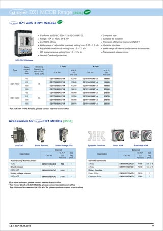 DZ1 MCCB Range [8536] New
39L&T, ESP 01.01.2019
M.R.P.
(`)
Per Unit
1
1
1
Auxiliary/Trip Alarm Contact
1C/O
Shunt release
$240V AC
Under voltage release
$240V AC
EM90110OOOO
EM90032OBOO
EM90031BOOO
730
1800
2100
Description
Cat. No.
Std.
Pkg.
(Nos.)
Internal
M.R.P.
(`)
Per Unit
Set of 6
Set of 8
1
1
Spreader Terminals
3 Pole
4 Pole
Rotary Handles
Direct ROM
Extended ROM
EM90609OOOO
EM90610OOOO
EM90207OOOO
EM90209OOOO
1190
1340
1010
1505
Description
Cat. No.
Std.
Pkg.
(Nos.)
External
Accessories for DZ1 MCCBs [8538]
Aux/TAC Under Voltage (UV)Shunt Release Direct ROMSpreader Terminals Extended ROM
l
l Range: 16A to 160A, 3P & 4P
l Ics=100% of Icu
l Wide range of adjustable overload setting from 0.25 - 1.0 x In
l Adjustable short circuit setting from 1.5 - 12 x Ir
OR Instantaneous setting from 1.5 - 12 x In
l Neutral Overload protection
Conforms to IS/IEC 60947-2 & IEC 60947-2
DZ1 iTRP1 Release
New
DZ1 with iTRP1 Release
50
Breaking
Capacity Icu
at 415V AC,
50Hz. (kA)
Rated
current
(A)
Max
M.R.P.
(`)
Per Unit
M.R.P.
(`)
Per Unit
Cat. No.
Type
Cat. No.
4 Pole3 Pole
DZ1-160D
DZ1-160N
40
63
100
160
40
63
100
160
DZ1T0040DXF1A
DZ1T0063DXF1A
DZ1T0100DXF1A
DZ1T0160DXF1A
DZ1T0040NXF1A
DZ1T0063NXF1A
DZ1T0100NXF1A
DZ1T0160NXF1A
13240
13240
13240
16910
15780
15780
15780
20070
16960
16960
16960
23500
21670
21670
21670
26030
DZ1F0040DXF1A
DZ1F0063DXF1A
DZ1F0100DXF1A
DZ1F0160DXF1A
DZ1F0040NXF1A
DZ1F0063NXF1A
DZ1F0100NXF1A
DZ1F0160NXF1A
36
* For 25A with iTRP1 Release, please contact nearest branch office
$ For other voltages, please contact nearest branch office
* For Type-2 Chart with DZ1 MCCBs, please contact nearest branch office
* For Additional Accessories of DZ1 MCCBs, please contact nearest branch office
l Compact size
l Suitable for isolation
l Provision of thermal memory ON/OFF
l Variable trip class
l Wide range of internal and external accessories
l Transparent release cover
 