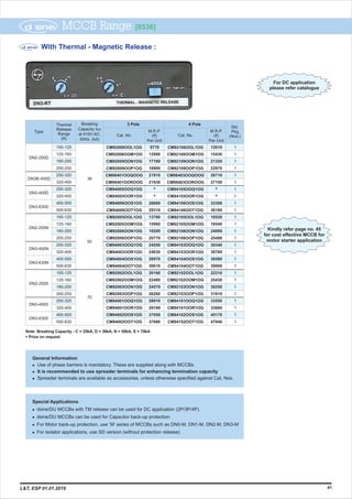 Kindly refer page no. 45
for cost effective MCCB for
motor starter application
MCCB Range [8536]
41
Breaking
Capacity Icu
at 415V AC,
50Hz. (kA)
Thermal
Release
Range
(A)
M.R.P.
(`)
Per Unit
M.R.P.
(`)
Per Unit
Cat. No.
Type
Cat. No.
4 Pole
Std.
Pkg.
(Nos.)
3 Pole
50
70
100-125
125-160
160-200
200-250
250-320
320-400
250-320
320-400
400-500
500-630
100-125
125-160
160-200
200-250
250-320
320-400
400-500
500-630
100-125
125-160
160-200
200-250
250-320
320-400
400-500
500-630
CM92008OOL1OG
CM92008OOM1OG
CM92009OON1OG
CM92009OOP1OG
CM98401OOQOOG
CM98401OOROOG
CM94005OOQ1OG
CM94005OOR1OG
CM94006OOS1OG
CM94006OOT1OG
CM92005OOL1OG
CM92005OOM1OG
CM92006OON1OG
CM92006OOP1OG
CM94003OOQ1OG
CM94003OOR1OG
CM94004OOS1OG
CM94004OOT1OG
CM92002OOL1OG
CM92002OOM1OG
CM92003OON1OG
CM92003OOP1OG
CM94001OOQ1OG
CM94001OOR1OG
CM94002OOS1OG
CM94002OOT1OG
CM92108OOL1OG
CM92108OOM1OG
CM92109OON1OG
CM92109OOP1OG
CM98403OOQOOG
CM98403OOROOG
CM94105OOQ1OG
CM94105OOR1OG
CM94106OOS1OG
CM94106OOT1OG
CM92105OOL1OG
CM92105OOM1OG
CM92106OON1OG
CM92106OOP1OG
CM94103OOQ1OG
CM94103OOR1OG
CM94104OOS1OG
CM94104OOT1OG
CM92102OOL1OG
CM92102OOM1OG
CM92103OON1OG
CM92103OOP1OG
CM94101OOQ1OG
CM94101OOR1OG
CM94102OOS1OG
CM94102OOT1OG
1
1
1
1
1
1
1
1
1
1
1
1
1
1
1
1
1
1
1
1
1
1
1
1
1
1
12010
15430
21320
22970
26710
27150
*
*
33300
36180
16520
18540
24000
25490
30340
30760
36580
39000
22310
25430
30250
31910
33550
33660
45170
47040
9770
12990
17160
18800
21910
21930
*
*
26660
29310
13760
15960
19200
20770
24550
24630
28970
30610
20160
22480
24570
26260
28910
29190
37050
37690
DN2-250D
DN3-400D
DN3-630D
DN2-250N
DN3-400N
DN3-630N
DN2-250S
DN3-400S
DN3-630S
36DN3B-400D
With Thermal - Magnetic Release :
Note: Breaking Capacity - C = 25kA, D = 36kA, N = 50kA, S = 70kA
Price on request*
Special Applications
(2P/3P/4P)
dsine/DU MCCBs can be used for Capacitor back-up protection
l dsine/DU MCCBs with TM release can be used for DC application
l
l For Motor back-up protection, use ‘M’ series of MCCBs such as DN0-M, DN1-M, DN2-M, DN3-M
l For isolator applications, use SD version (without protection release)
General Information
l Use of phase barriers is mandatory. These are supplied along with MCCBs
l It is recommended to use spreader terminals for enhancing termination capacity
l Spreader terminals are available as accessories, unless otherwise specified against Cat. Nos.
For DC application
please refer catalogue
L&T, ESP 01.01.2019
 