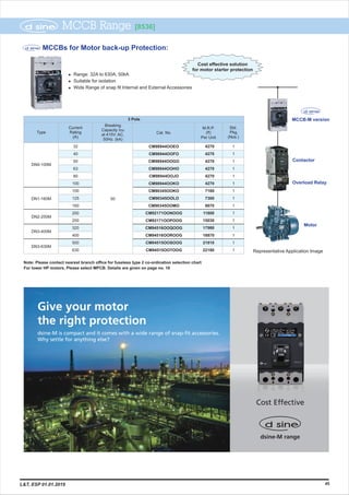 45
MCCBs for Motor back-up Protection:
l
l Suitable for isolation
l
Range: 32A to 630A, 50kA
Wide Range of snap fit Internal and External Accessories
Breaking
Capacity Icu
at 415V. AC,
50Hz. (kA)
Current
Rating
(A)
M.R.P.
(`)
Per Unit
Cat. No.
3 Pole
Type
Std.
Pkg.
(Nos.)
32
40
50
63
80
100
100
125
160
200
250
320
400
500
630
50
CM98944OOEO
CM98944OOFO
CM98944OOGO
CM98944OOHO
CM98944OOJO
CM98944OOKO
CM90345OOKO
CM90345OOLO
CM90345OOMO
CM92171OONOOG
CM92171OOPOOG
CM94516OOQOOG
CM94516OOROOG
CM94515OOSOOG
CM94515OOTOOG
4270
4270
4270
4270
4270
4270
7180
7300
8670
11800
15030
17980
18870
21810
22180
1
1
1
1
1
1
1
1
1
1
1
1
1
1
1
DN0-100M
DN3-400M
DN2-250M
DN3-630M
DN1-160M
Note: Please contact nearest branch office for fuseless type 2 co-ordination selection chart
For lower HP motors, Please select MPCB. Details are given on page no. 16
MCCB Range [8536]
MCCB-M version
Representative Application Image
Contactor
Motor
Overload Relay
Cost effective solution
for motor starter protection
Give your motor
the right protection
dsine-M is compact and it comes with a wide range of snap-fit accessories.
Why settle for anything else?
dsine-M range
Cost Effective
L&T, ESP 01.01.2019
 