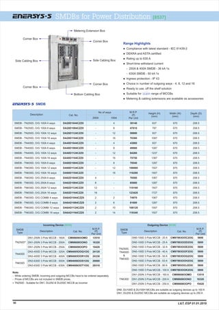 50
SMDB
SMDBs for Power Distribution [8537]
Metering Extension Box
Side Cabling Box
Corner Box
Corner Box
Bottom Cabling Box
Corner Box
Corner Box
Side Cabling Box
Range Highlights
l
l DEKRA and ASTA certified
l Rating up to 630 A
l Short-time withstand current
- 250A & 400A SMDB - 36 kA 1s
- 630A SMDB - 50 kA 1s
l Ingress protection - IP 43
l Choice in number of outgoing ways - 4, 8, 12 and 16
l Ready to use, off the shelf solution
l Suitable for range of MCCBs
l Metering & cabling extensions are available as accessories
Compliance with latest standard - IEC 61439-2
M.R.P.
(`)
Per Unit
Description Cat. No.
Height (H)
(mm)
Width (W)
(mm)
Depth (D)
(mm)
No of ways
250A 100A
Incoming Device [8536]
SMDB
Type
Description Cat. No.
M.R.P.
(`)
Per Unit
Outgoing Device [8536]
SMDB
Type
Description Cat. No.
M.R.P.
(`)
Per Unit
Note:
- While ordering SMDB, incoming and outgoing MCCBs have to be ordered separately.
- Prices of MCCBs are not included in SMDB prices.
TN250D - Suitable for DN1, DU250 & DU250C MCCB as incomer.*
SMDB - TN250D, O/G 100A 4 ways
SMDB - TN250D, O/G 100A 8 ways
SMDB - TN250D, O/G 100A 12 ways
SMDB - TN250D, O/G 100A 16 ways
SMDB - TN400D, O/G 100A 4 ways
SMDB - TN400D, O/G 100A 8 ways
SMDB - TN400D, O/G 100A 12 ways
SMDB - TN400D, O/G 100A 16 ways
SMDB - TN630D, O/G 100A 8 ways
SMDB - TN630D, O/G 100A 12 ways
SMDB - TN630D, O/G 100A 16 ways
SMDB - TN630D, O/G 250A 4 ways
SMDB - TN630D, O/G 250A 8 ways
SMDB - TN630D, O/G 250A 12 ways
SMDB - TN630D, O/G 250A 16 ways
SMDB - TN630D, O/G COMBI 4 ways
SMDB - TN630D, O/G COMBI 8 ways
SMDB - TN630D, O/G COMBI 12 ways
SMDB - TN630D, O/G COMBI 16 ways
DA20D1044CZZ0
DA20D1084CZZ0
DA20D1124CZZ0
DA20D1164CZZ0
DA40D1044CZZ0
DA40D1084CZZ0
DA40D1124CZZ0
DA40D1164CZZ0
DA60D1084CZZ0
DA60D1124CZZ0
DA60D1164CZZ0
DA62D1044CZZ0
DA62D1084CZZ0
DA62D1124CZZ0
DA62D1164CZZ0
DA6AD1044CZZ0
DA6AD1084CZZ0
DA6AD1124CZZ0
DA6AD1164CZZ0
39140
47610
59890
70380
43860
49980
64260
75750
78540
106080
116280
76500
85680
110160
123420
74970
81600
108120
119340
637
787
937
1087
937
1087
1237
1387
1287
1507
1507
1067
1287
1507
1727
1067
1287
1507
1507
670
670
670
670
670
670
670
670
870
870
870
870
870
870
870
870
870
870
870
208.5
208.5
208.5
208.5
208.5
208.5
208.5
208.5
208.5
208.5
208.5
208.5
208.5
208.5
208.5
208.5
208.5
208.5
208.5
-
-
-
-
-
-
-
-
-
-
-
4
8
12
16
2
2
2
2
4
8
12
16
4
8
12
16
8
12
16
-
-
-
-
2
6
10
14
TN250D*
TN400D
TN630D
DN1-250N 3 Pole MCCB - 160A
DN1-250N 3 Pole MCCB - 200A
DN1-250N 3 Pole MCCB - 250A
DN3-400D 3 Pole MCCB - 320A
DN3-400D 3 Pole MCCB - 400A
DN3-630D 3 Pole MCCB - 500A
DN3-630D 3 Pole MCCB - 630A
CM98608OOMO
CM98608OONO
CM98608OOPO
CM94005OOQ1OG
CM94005OOR1OG
CM94006OOS1OG
CM94006OOT1OG
13510
16320
19420
24120
24330
26660
29310
TN250D,
TN400D
&
TN630D
TN630D
DN0-100D 3 Pole MCCB - 20 A
DN0-100D 3 Pole MCCB - 25 A
DN0-100D 3 Pole MCCB - 32 A
DN0-100D 3 Pole MCCB - 40 A
DN0-100D 3 Pole MCCB - 50 A
DN0-100D 3 Pole MCCB - 63 A
DN0-100D 3 Pole MCCB - 80 A
DN0-100D 3 Pole MCCB - 100 A
DN1-250N 3 Pole MCCB - 160 A
DN1-250N 3 Pole MCCB - 200 A
DN1-250N 3 Pole MCCB - 250 A
CM97893OOC2OG
CM97893OOD2OG
CM97893OOE2OG
CM97893OOF2OG
CM97893OOG2OG
CM97893OOH2OG
CM97893OOJ2OG
CM97893OOK2OG
CM98608OOMO
CM98608OONO
CM98608OOPO
5800
5800
5800
5800
5800
5800
5800
5800
13510
16320
19420
DN0, DU100D & DU100H MCCBs are suitable as outgoing devices up to 100 A
DN1, DU250 & DU250C MCCBs are suitable as outgoing devices up to 250 A
L&T, ESP 01.01.2019
 