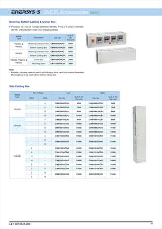 SMDB Accessories [8537]
Metering, Bottom Cabling & Corner Box
Side Cabling Box
Description Cat. No.
M.R.P.
(`)
Per Unit
CM90439OOPO
CM90437OOOO
CM91064OOTO
CM91062OOOO
CM91089OOOO
CM70260OOOO
Metering Extension Box
Bottom Cabling Box
Metering Extension Box
Bottom Cabling Box
Corner Box
Mounting base
6400
6000
6800
6400
2000
3000
Note:
- Ammeter, voltmeter, selector switch and indicating lights have to be ordered separately.
- Mounting base to be used without bottom cabling box.
l Provision of 3 nos of 1-phase ammeter (96*96), 1 nos of 1-phase voltmeter
(96*96) with selector switch and indicating lamps.
SMDB
Type
TN250D &
TN400D
TN630D
TN250D, TN400D &
TN630D
TN250D
TN400D
TN630D
4
8
12
16
4
8
12
16
8
12
16
-
-
-
-
2
6
10
14
-
-
-
-
-
-
-
-
-
-
-
4
8
12
16
2
2
2
2
CM91085ODOO
CM91085OFOO
CM91085OHOO
CM91085OKOO
CM91087ODOO
CM91087OFOO
CM91087OHOO
CM91087OKOO
CM91120OOFO
CM91120OOHO
CM91120OODO
CM91120OOFO
CM91120OOHO
CM91120OOKO
CM91120OODO
CM91120OOFO
CM91120OOHO
CM91086ODOO
CM91086OFOO
CM91086OHOO
CM91086OKOO
CM91088ODOO
CM91088OFOO
CM91088OHOO
CM91088OKOO
CM91121OOFO
CM91121OOHO
CM91121OODO
CM91121OOFO
CM91121OOHO
CM91121OOKO
CM91121OODO
CM91121OOFO
CM91121OOHO
5800
7500
9000
10500
9000
10500
11500
13000
11500
13400
10300
11500
13400
14600
10300
11500
13400
No. of Ways
Cat. No.
M.R.P. (`)
Per Unit
Left
Cat. No.
Right
M.R.P. (`)
Per Unit
5800
7500
9000
10500
9000
10500
11500
13000
11500
13400
10300
11500
13400
14600
10300
11500
13400
51
250A 100A
SMDB
Type
L&T, ESP 01.01.2019
 