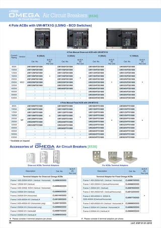 4 Pole Manual Fixed ACB with UW-MTX1G
800A
1000A
1250A
1600A
2000A
2500A
3200A
4000A
4000A
5000A
6300A
UW108NFF01800
UW110NFF01800
UW112NFF01800
UW116NFF01800
UW120NFF01800
UW225NFF01800
UW232NFF01800
-
-
-
-
UW108SFF01800
UW110SFF01800
UW112SFF01800
UW116SFF01800
UW120SFF01800
UW225SFF01800
UW232SFF01800
UW240SFF01800
-
-
-
MF
UW108HFF01800
UW110HFF01800
UW112HFF01800
UW116HFF01800
UW120HFF01800
UW225HFF01800
UW232HFF01800
UW240HFF01800
UW340HFF01800
UW350HFF01800
UW363HFF01800
UW308VFF01800
UW310VFF01800
UW312VFF01800
UW316VFF01800
UW320VFF01800
UW325VFF01800
UW332VFF01800
UW340VFF01800
UW340VFF01800
UW350VFF01800
UW363VFF01800
-
-
-
-
-
-
-
Available on request*
4 Pole ACBs with UW-MTX1G (LSING - BCD Switches)
4 Pole Manual Draw-out ACB with UW-MTX1G
Current
Rating
V (100kA)N (50kA) S (65kA) H (80kA)Version
Cat. No. Cat. No. Cat. No.Cat. No.
800A
1000A
1250A
1600A
2000A
2500A
3200A
4000A
4000A
5000A
6300A
UW108NFD01800
UW110NFD01800
UW112NFD01800
UW116NFD01800
UW120NFD01800
UW225NFD01800
UW232NFD01800
-
-
-
-
UW108SFD01800
UW110SFD01800
UW112SFD01800
UW116SFD01800
UW120SFD01800
UW225SFD01800
UW232SFD01800
UW240SFD01800
-
-
-
UW108HFD01800
UW110HFD01800
UW112HFD01800
UW116HFD01800
UW120HFD01800
UW225HFD01800
UW232HFD01800
UW240HFD01800
UW340HFD01800
UW350HFD01800
UW363HFD01800
MDO
UW308VFD01800
UW310VFD01800
UW312VFD01800
UW316VFD01800
UW320VFD01800
UW325VFD01800
UW332VFD01800
UW340VFD01800
UW340VFD01800
UW350VFD01800
UW363VFD01800
M.R.P.
(`)
Per Unit
M.R.P.
(`)
Per Unit
M.R.P.
(`)
Per Unit
M.R.P.
(`)
Per Unit
Air Circuit Breakers [8536]
56
Draw-out ACBs Terminal Adaptors Fix ACBs Terminal Adaptors
Description
M.R.P.
(`)
Per Unit
Cat. No.
Frame-1 400-2000A N/S/H (Vertical / Horizontal)
Frame-1 2500A S/H (Vertical)
Frame-2 400-3200A N/S/H (Vertical / Horizontal)
Frame-2 4000A S/H (Vertical)
Frame-2 4000A S/H (Horizontal)
Frame-3 400-4000A H/V (Vertical) #
Frame-3 400-4000A H/V (Horizontal-Long)
Frame-3 5000A H/V (Horizontal-Long)
Frame-3 5000A H/V (Vertical)#
Frame-3 6300A H/V (Vertical) #
CL60963OOOO
CL60964OOOO
# : Please consider 4 terminal adaptors per phase.
Terminal Adaptor for Draw-out Omega ACBs
Description
M.R.P.
(`)
Per Unit
Cat. No.
Frame-1 400-2000A N/S (Vertical / Horizontal)
Frame-1 400-2000A H (Vertical/Horizontal)
Frame-1 2500A S/H (Vertical)
Frame-2 400-2500A N/S (Vertical/Horizontal)
Frame-2 400-4000A H, 3200A N,
3200-4000A S(Vertical/Horizontal)
Frame-3 400-4000A H/V (Vertical / Horizontal) #
Frame-3 5000A H/V (Vertical / Horizontal) #
Frame-3 6300A H/V (Vertical) #
CL60967OOOO
CL60968OOOO
CL60976OOOO
CL60122OOOO
CL60977OOOO
CL90668OOOO
CL60982OOOO
CL90669OOOO
# : Please consider 4 terminal adaptors per phase.
Terminal Adaptor for Fixed Omega ACBs
Accessories of Air Circuit Breakers [8538]
CL60965OOOO
CL60316OOOO
CL60128OOOO
CL60073OOOO
CL60966OOOO
CL60067OOOO
CL60965OOOO
-
-
-
-
-
-
-
L&T, ESP 01.01.2019
*
*
* *
*
*
 