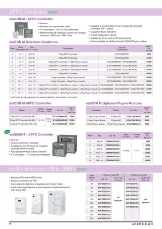 Model
Single
CT input
Cat. No.
M.R.P.
(`)
Per Unit
ETACONM003R
ETACONM005R
ETACONM008R
1 A / 5 A
9500
11000
14000
Voltage
input
415V /
110 V
3 Step APFC Controller (96 x96)
5 Step APFC Controller (96 x96)
8 Step APFC Controller (144 x144)
Size
(Wx H in mm)
Combination
Cat. No.
Combination
M.R.P.
(`)
Per Set
96 x 96
96 x 96
96 x 96
96 x 96
96 x 96
144 x 144
144 x 144
144 x 144
144 x 144
144 x 144
144 x 144
2 + 1*
4 + 1*
5 + 1*
6 + 1*
7 + 1*
7 + 1*
9 + 1*
10 + 1*
11 + 1*
12 + 1*
13 + 1*
3
5
6
7
8
8
10
11
12
13
14
ETACONM003R
ETACONM005R
ETACONM003R + ETACONEXP3R
ETACONM005R + ETACONEXP2R
ETACONM005R + ETACONEXP3R
ETACONM008R
ETACONM008R + ETACONEXP2R
ETACONM008R + ETACONEXP3R
ETACONM008R + ETACONEXP2R + ETACONEXP2R
ETACONM008R + ETACONEXP2R + ETACONEXP3R
ETACONM008R + ETACONEXP3R + ETACONEXP3R
3 Step APFC Controller
5 Step APFC Controller
3 Step APFC Controller + 3 Step Plug-in module
5 Step APFC Controller + 2 Step Plug-in module
5 Step APFC Controller + 3 Step Plug-in module
8 Step APFC Controller
8 Step Controller + 2 Step Plug-in module
8 Step Controller + 3 Step Plug-in module
8 Step APFC Controller + 2 Step Plug-in module + 2 Step Plug-in module
8 Step APFC Controller + 2 Step Plug-in module + 3 Step Plug-in module
8 Step APFC Controller + 3 Step Plug-in module + 3 Step Plug-in module
Steps
Description
Steps
9500
11000
11500
12400
13000
14000
15400
16000
16800
17400
18000
Steps Cat. No.
Single
CT input
Voltage
Input
M.R.P.
(`)
Per Unit
Size
4
6
8
12
14
16
96 x 96
96 x 96
96 x 96
144 x 144
144 x 144
144 x 144
CS90884OOOO
CS90885OOOO
CS90902OOOO
CS90903OOOO
CS90904OOOO
CS90905OOOO
8000
9000
10000
12500
13500
14500
Features:
• Simple and Smart Controller
• Available in 4 to 16 steps for contactor
controlled APFC Panels
• Auto programming function available
• CT secondary - 1 / 5 Amp site selectable
1/ 5 Amp 415 V
Description Cat. No.
M.R.P.
(`)
Per Unit
ETACONEXP2R
ETACONEXP3R
ETACONRS485
1400
2000
7500
2 Steps Plug-in Module
3 Steps Plug-in Module
RS485 Plug-in Module
2 Relays NO
3 Relays NO
RS485 Plug-in Module
Model
etaCON M Optional Plug-in Modules
etaCON M - APFC Controller
* Last Contact can be programmed for capacitor switching / Alarm function / Fan Control
Features:
• Modular and expandable steps
• A / 5 A Site selectable
• Measurement of individual Current and Voltage
harmonic (THD) up to 15th Order
CT secondary - 1
• Available in combination of 3 to 14 steps for contactor
controlled APFC panels
• Capacitor failure indication
• In-built temperature sensor
• Suitable for LV as well as HT side sensing
• Communicable on Modbus through RS485 Plug-in Module
• Reduces THD within IEEE limits
• Dynamic correction of THD
• Improves both distortion & displacement Power Factor
• Load balancing & Neutral current reduction (triplen harmonics)
with 4 wire filter
Active Harmonic Filter (AHF) [8543]
M.R.P. (`)
Per Unit
Cat. No.
Filter
Rating
(A)
M.R.P. (`)
Per Unit
Cat. No.
3 Phase 3 wire AHF 3 Phase 4 wire AHF
On
Request
On
Request
AHF030341D2
AHF060341D2
AHF075341D2
AHF100341D2
AHF150341D2
AHF200341D2
AHF300341D2
-
68 L&T, ESP 01.01.2019
etaSMART - APFC Controller
New
APFC Controller [8536]
etaCON M Selection Guidelines
etaCON M APFC Controller
AHF030331D2
AHF060331D2
AHF075331D2
AHF100331D2
AHF150331D2
AHF200331D2
AHF300331D2
AHF400331D2
AHF600331D2
AHF800331D2
30
60
75
100
150
200
300
400
600
800
 