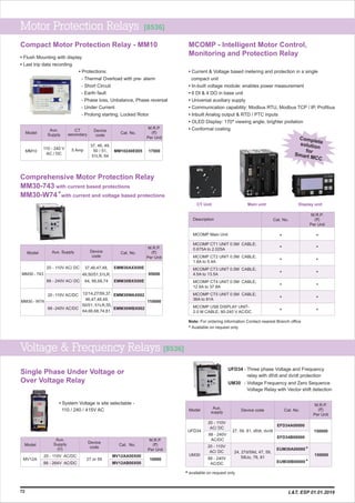 Completesolution
for
Smart MCC
Comprehensive Motor Protection Relay
MM30-743 with current based protections
*MM30-W74 with current and voltage based protections
Model
EMM30AXX00E
EMM30BXX00E
Cat. No.
M.R.P.
(`)
Per Unit
20 - 110V AC/ DC
88 - 240V AC/ DC
MM30 - 743
37,46,47,48,
49,50/51,51LR,
64, 66,68,74
Aux. Supply Device
code
95000
EMM30WAX002
EMM30WBX002
20 -110V AC/DC
88 -240V AC/DC
MM30 - W74
12/14,27/59,37,
46,47,48,49,
50/51, 51LR,55,
64,66,68,74,81.
110000
Available on request only*
Compact Motor Protection Relay - MM10
• Protections:
- Thermal Overload with pre- alarm
- Short Circuit
- Earth fault
- Phase loss, Unbalance, Phase reversal
- Under Current
- Prolong starting, Locked Rotor
• Flush Mounting with display
• Last trip data recording
Model
MM10240E005
Cat. No.
M.R.P.
(`)
Per Unit
110 - 240 V
AC / DC
MM10
37, 46, 49,
50 / 51,
51LR, 64
Aux.
Supply
Device
code
17000
CT
secondary
5 Amp
72
MCOMP - Intelligent Motor Control,
Monitoring and Protection Relay
• Current & Voltage based metering and protection in a single
compact unit
• In-built voltage module: enables power measurement
• 6 DI & 4 DO in base unit
• Universal auxiliary supply
• Communication capability: Modbus RTU, Modbus TCP / IP, Profibus
• Inbuilt Analog output & RTD / PTC inputs
• OLED Display: 170° viewing angle, brighter pixilation
• Conformal coating
CT Unit Main unit Display unit
Description
MCOMP Main Unit
MCOMP CT1 UNIT 0.5M CABLE;
0.675A to 2.025A
MCOMP CT2 UNIT 0.5M CABLE;
1.8A to 5.4A
MCOMP CT3 UNIT 0.5M CABLE;
4.5A to 13.5A
MCOMP CT4 UNIT 0.5M CABLE;
12.6A to 37.8A
MCOMP CT5 UNIT 0.5M CABLE;
36A to 81A
MCOMP USB DISPLAY UNIT-
2.0 M CABLE; 80-240 V AC/DC
Cat. No.
M.R.P.
(`)
Per Unit
Note: For ordering information Contact nearest Branch office
Motor Protection Relays [8536]
L&T, ESP 01.01.2019
Voltage & Frequency Relays [8536]
10000
Model
Aux.
Supply
(V)
Cat. No.
M.R.P.
(`)
Per Unit
20 - 110V AC/DC
88 - 264V AC/DC
MV12AA00X00
MV12AB00X00
MV12A
Single Phase Under Voltage or
Over Voltage Relay
Device
code
27 or 59
available on request only*
Model Aux.
supply Cat. No.
M.R.P.
(`)
Per Unit
EFD34A00000
EFD34B00000
20 - 110V
AC/ DC
150000UFD34
Device code
27, 59, 81, df/dt, dv/dt
88 - 240V
AC/DC
EUM30A00000 *
EUM30B00000 *
20 - 110V
AC/ DC
150000UM30
88 - 240V
AC/DC
24, 27d/59d, 47, 59,
59Uo, 78, 81
UFD34 - Three phase Voltage and Frequency
relay with df/dt and dv/dt protection
UM30 - Voltage Frequency and Zero Sequence
Voltage Relay with Vector shift detection
*
*
*
*
*
*
*
*
*
*
*
*
* *
• System Voltage is site selectable -
110 / 240 / 415V AC
 