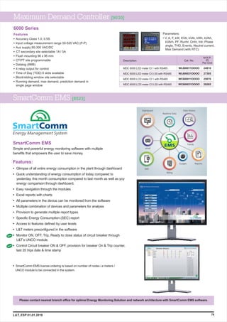 SmartComm EMS [8523]
Simple and powerful energy monitoring software with multiple
benefits that empowers the user to save money.
Realtime Data
Data HistoryDashboard
Billing
SMS
ReportsGuages
email
Trends
79
Features:
• Glimpse of all entire energy consumption in the plant through dashboard
• Quick understanding of energy consumption of today compared to
yesterday, this month consumption compared to last month as well as yoy
energy comparison through dashboard.
• Easy navigation through the modules
• Excel reports with charts
• All parameters in the device can be monitored from the software
• Multiple combination of devices and parameters for analysis
• Provision to generate multiple report types
• Specific Energy Consumption (SEC) report
• Access to features defined by user levels
• L&T meters preconfigured in the software
• Monitor ON, OFF, Trip, Ready to close status of circuit breaker through
L&T’s UNCO module.
• Control Circuit breaker ON & OFF, provision for breaker On & Trip counter,
last 20 trips date & time stamp
Please contact nearest branch office for optimal Energy Monitoring Solution and network architecture with SmartComm EMS software.
SmartComm EMS
6000 Series
Maximum Demand Controller [9030]
MDC 6000 LED meter Cl 1 with RS485
MDC 6000 LED meter Cl 0.5S with RS485
MDC 6000 LCD meter Cl 1 with RS485
MDC 6000 LCD meter Cl 0.5S with RS485
WL600011OOOO
WL600031OOOO
WC600011OOOO
WC600031OOOO
24910
27305
25870
28265
M.R.P.
(`)
Per Unit
Cat. No.Description
Features
• Accuracy Class 1.0, 0.5S
• Input voltage measurement range 50-520 VAC (P-P)
• Aux supply 80-300 VAC/DC
• CT secondary site selectable 1A / 5A
• Flush mounting 96 x 96 mm
• CT/PT site programmable
• Datalog (8MB)
• 4 relay output for control
• Time of Day (TOD) 6 slots available
• Block/sliding window site selectable
• Running demand, max demand, prediction demand in
single page window
Parameters:
• V, A, F, kW, KVA, kVAr, kWh, kVAh,
kVArh, PF, Runhr, Onhr, Intr, Phase
angle, THD, Events, Neutral current,
Max Demand (with RTC)
L&T, ESP 01.01.2019
• SmartComm EMS license ordering is based on number of nodes i.e meters /
UNCO module to be connected in the system.
Feeder 1
01. 05-Aug-2018 10:21: 39 AM
02. 30-Jul-2018 10:07: 14 AM
03. 20-Jul-2018 09:35: 12 AM
04. 13-Jul-2018 10:21: 03 AM
05. 04-Jul-2018 13:44: 39 AM
06. 27-Jun-2018 13:38: 30 AM
07. 18-Jun-2018 12:00: 59 AM
08. 11-Jun-2018 12:45: 36 AM
09. 05-Jun-2018 08:14: 32 AM
10. 29-May-2018 10:25: 37 AM
11. 21-May-2018 12:08: 52 AM
12. 10-May-2018 12:05: 17 AM
13. 02-May-2018 12:21: 25 AM
14. 28-Apr-2018 11:11: 08 AM
15. 21-Apr-2018 01:27: 58 AM
16. 09-Apr-2018 05:40: 49 AM
17. 01-Apr-2018 02:01: 00 AM
18. 25-Mar-2018 03:21: 29 AM
19. 09-Mar-2018 12:27: 39 AM
20. 01-Mar-2018 12:29: 40 AM
Energy Management System
Feeder 1
Feeder 2
Feeder 3
Feeder 4
Feeder 5
Feeder 1
Feeder 2
Feeder 3
Feeder 4
Feeder 5
3545
Breaker Module
New
New
 