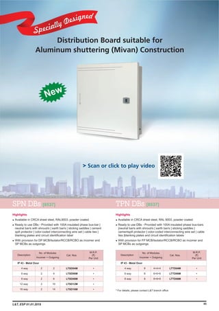Highlights
l
l
l
Available in CRCA sheet steel, RAL9003, powder coated
Ready to use DBs - Provided with 100A insulated phase bus-bar |
neutral bar/s with shroud/s | earth bar/s | sticking saddles | cement
spill protector | color-coded interconnecting wire set | cable ties |
blanking plates and circuit identification label
With provision for DP MCB/Isolator/RCCB/RCBO as incomer and
SP MCBs as outgoings
Highlights
l
l
l
Available in CRCA sheet steel, RAL 9003, powder coated
Ready to use DBs - Provided with 100A insulated phase bus-bars
|neutral bar/s with shroud/s | earth bar/s | sticking saddles |
cementspill protector | color-coded interconnecting wire set | cable
ties |blanking plates and circuit identification labels
With provision for FP MCB/Isolator/RCCB/RCBO as incomer and
SP MCBs as outgoings
95
No. of Modules
Incomer + Outgoing
Cat. Nos.
M.R.P.
(`)
Per Unit
Description
6 way
8 way
12 way
16 way
4 way
IP 43 - Metal Door
2
4
6
10
14
LTSD04M
LTSD06M
LTSD08M
LTSD12M
LTSD16M
*
*
*
*
*
2
2
2
2
2
No. of Modules
Incomer + Outgoing
Cat. Nos.
M.R.P.
(`)
Per Unit
Description
6 way
8 way
4 way
IP 43 - Metal Door
4+4+4
6+6+6
8+8+8
8
8
8
LTTD04M
LTTD06M
LTTD08M
L&T, ESP 01.01.2019
Distribution Board suitable for
Aluminum shuttering (Mivan) Construction
SPN DBs [8537] TPN DBs [8537]
New
*
*
*
* For details, please contact L&T branch office
Scan or click to play video
 