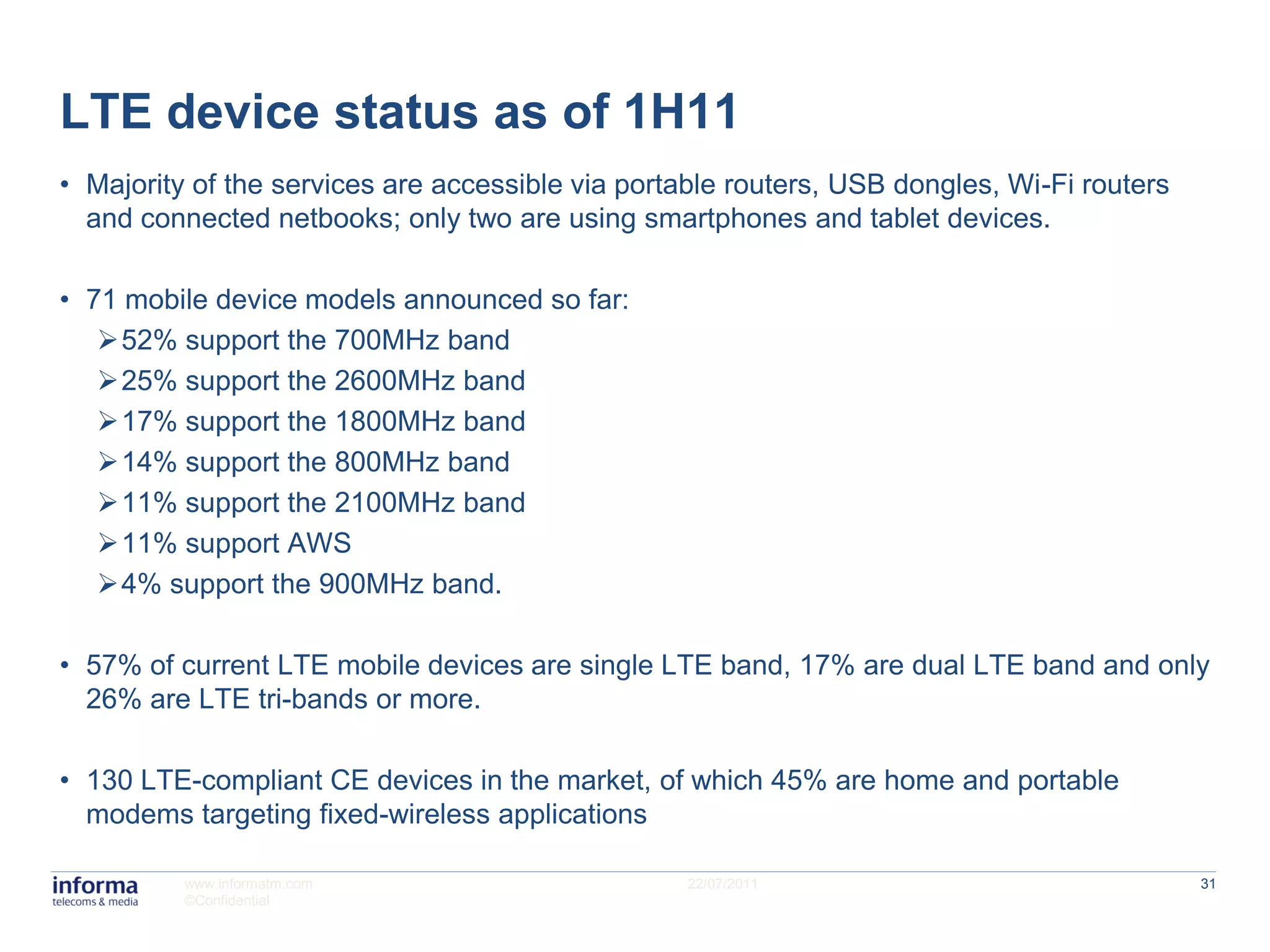 LTE device status as of 1H11
• Majority of the services are accessible via portable routers, USB dongles, Wi-Fi routers
  and connected netbooks; only two are using smartphones and tablet devices.

• 71 mobile device models announced so far:
   52% support the 700MHz band
   25% support the 2600MHz band
   17% support the 1800MHz band
   14% support the 800MHz band
   11% support the 2100MHz band
   11% support AWS
   4% support the 900MHz band.

• 57% of current LTE mobile devices are single LTE band, 17% are dual LTE band and only
  26% are LTE tri-bands or more.

• 130 LTE-compliant CE devices in the market, of which 45% are home and portable
  modems targeting fixed-wireless applications

          www.informatm.com                       22/07/2011                                 31
          ©Confidential
 