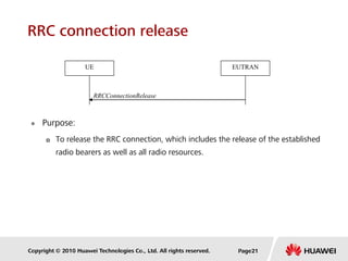 Copyright © 2010 Huawei Technologies Co., Ltd. All rights reserved.
RRC connection release
 Purpose:
 To release the RRC connection, which includes the release of the established
radio bearers as well as all radio resources.
RRCConnectionRelease
UE EUTRAN
Page21
 