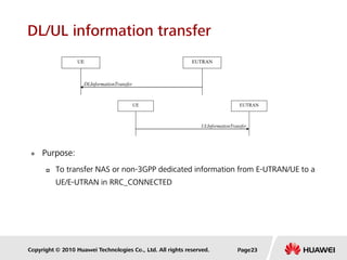 Copyright © 2010 Huawei Technologies Co., Ltd. All rights reserved.
DL/UL information transfer
 Purpose:
 To transfer NAS or non-3GPP dedicated information from E-UTRAN/UE to a
UE/E-UTRAN in RRC_CONNECTED
DLInformationTransfer
UE EUTRAN
ULInformationTransfer
UE EUTRAN
Page23
 