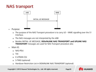 Copyright © 2010 Huawei Technologies Co., Ltd. All rights reserved.
NAS transport
 Purpose:
 The purpose of the NAS Transport procedure is to carry UE – MME signalling over the S1
Interface.
 The NAS messages are not interpreted by the eNB
 Besides INITIAL UE MESSAGE, DOWNLINK NAS TRANSPORT and UPLINK NAS
TRANSPORT messages are used for NAS Transport procedure also
 Main IE:
 NAS-PDU
 TAI
 E-UTRAN CGI
 S-TMSI (optional)
 Handover Restriction List in DOWNLINK NAS TRANSPORT (optional)
INITIAL UE MESSAGE
eNB MME
Page29
 