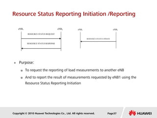 Copyright © 2010 Huawei Technologies Co., Ltd. All rights reserved.
Resource Status Reporting Initiation /Reporting
 Purpose:
 To request the reporting of load measurements to another eNB
 And to report the result of measurements requested by eNB1 using the
Resource Status Reporting Initiation
eNB1 eNB2
RESOURCE STATUS REQUEST
RESOURCE STATUS RESPONSE
eNB1 eNB2
RESOURCE STATUS UPDATE
Page37
 